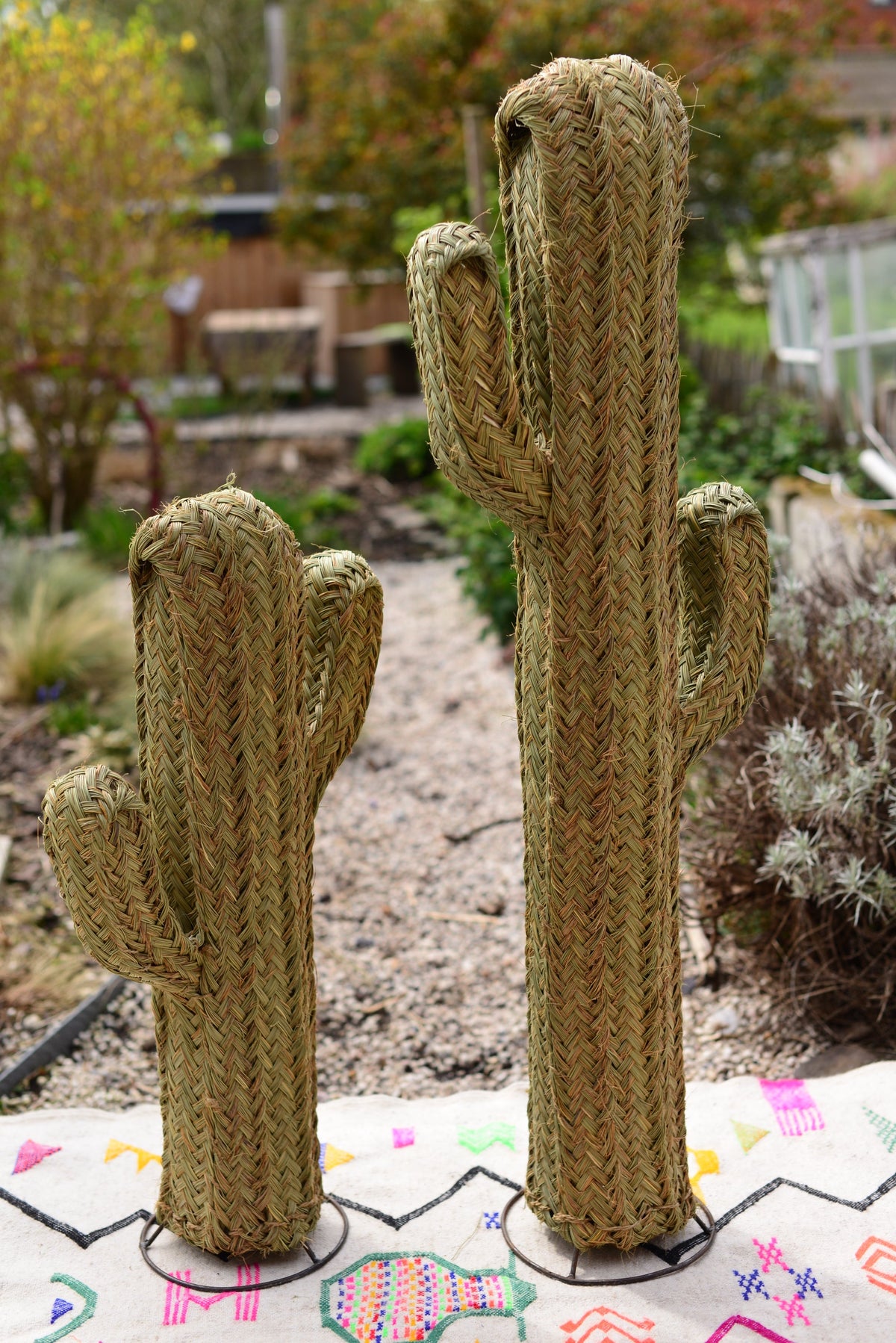 Cactus décoratif en palmier, vue de profil avec armature en fer forgé