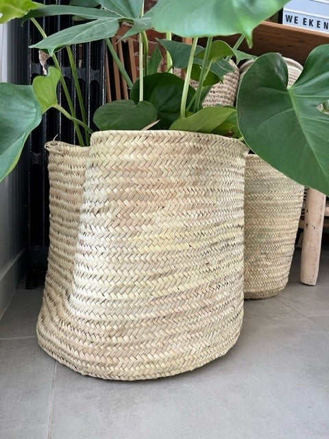 Grand cache-pot en palmier tressé 45 cm, artisanat marocain fait main