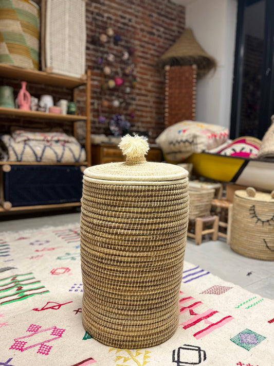Panier à linge naturel avec couvercle 60 cm en jonc tressé, fait main au Maroc